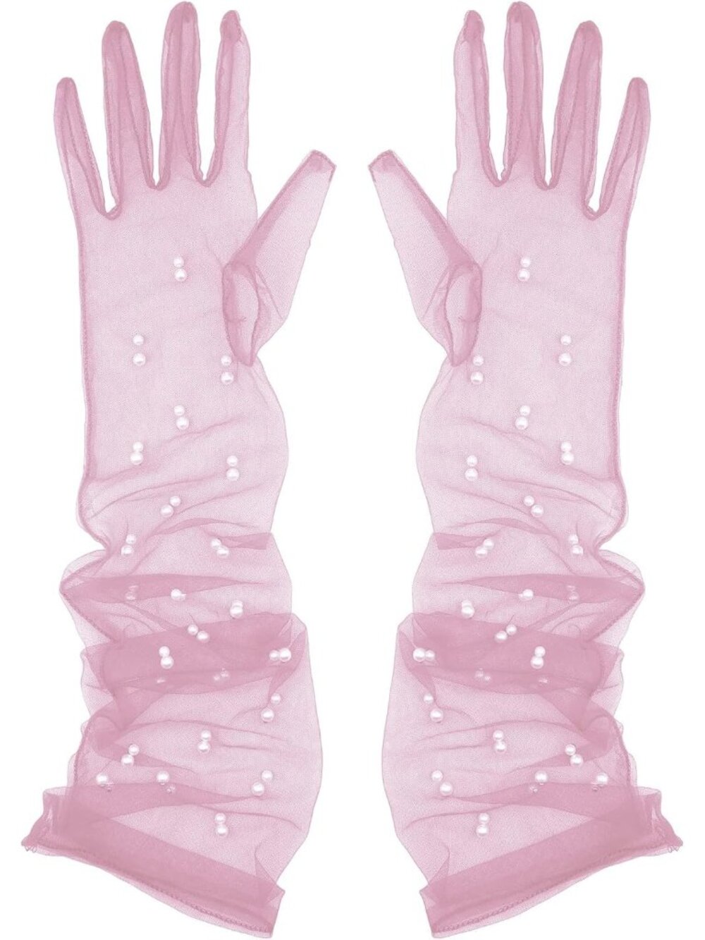 Women Pink Pearl 100% Polyester 21 Tulle Long Length Wedding Bridal Glove